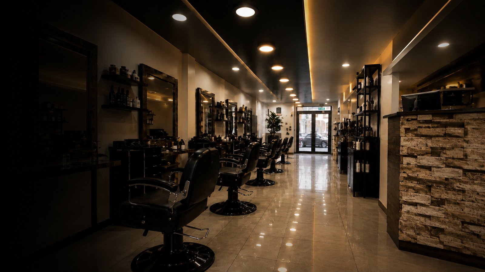 Luxury Hair and Beauty Salon Interior Manchester Luxury hair and beauty salon interior in Manchester with modern barber chairs and warm golden lighting