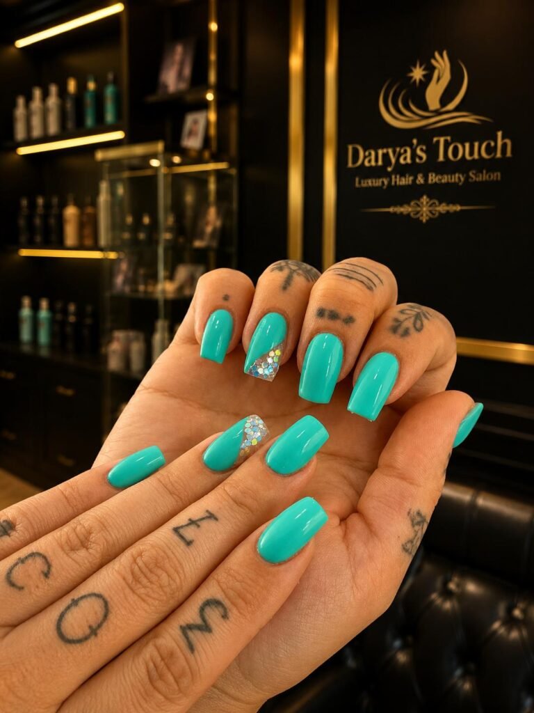 Home 18 Turquoise nail design at Darya’s Touch beauty salon in Manchester