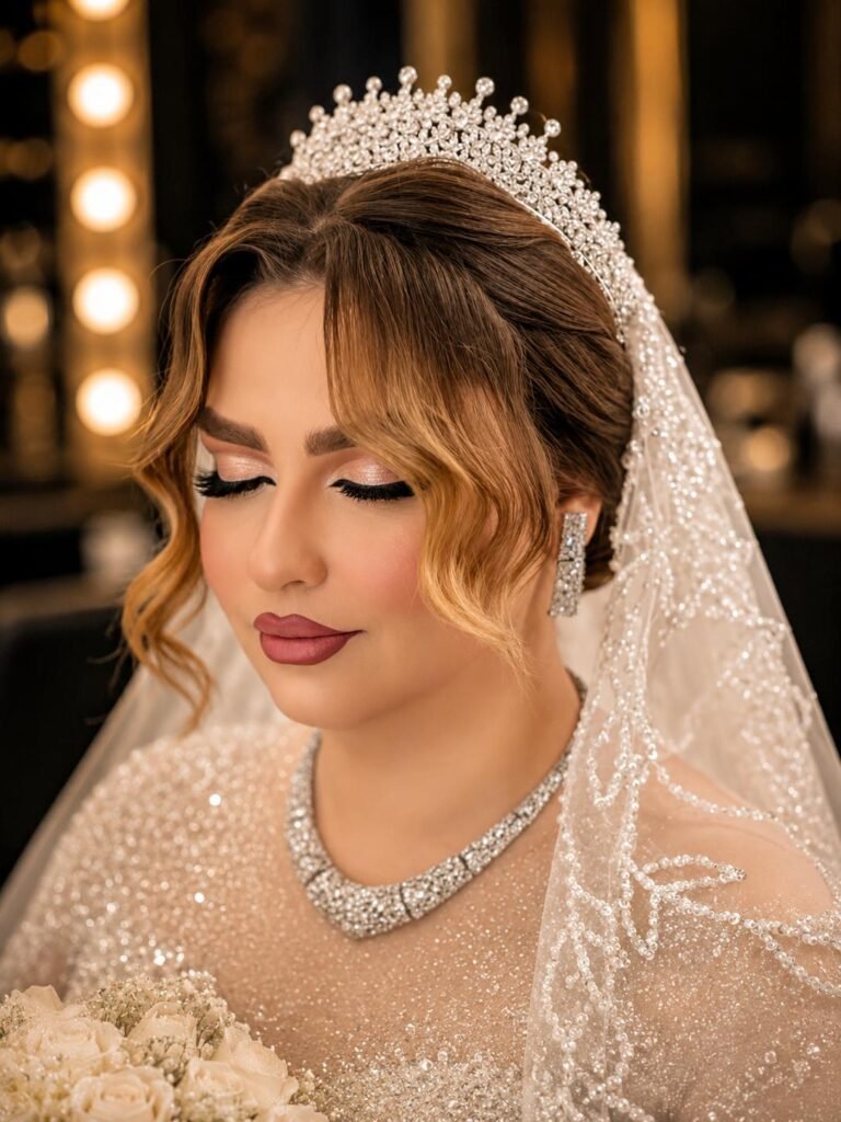 Gallery 10 Elegant bridal makeup with closed eyes showing soft eyeshadow and wedding hairstyle in Manchester