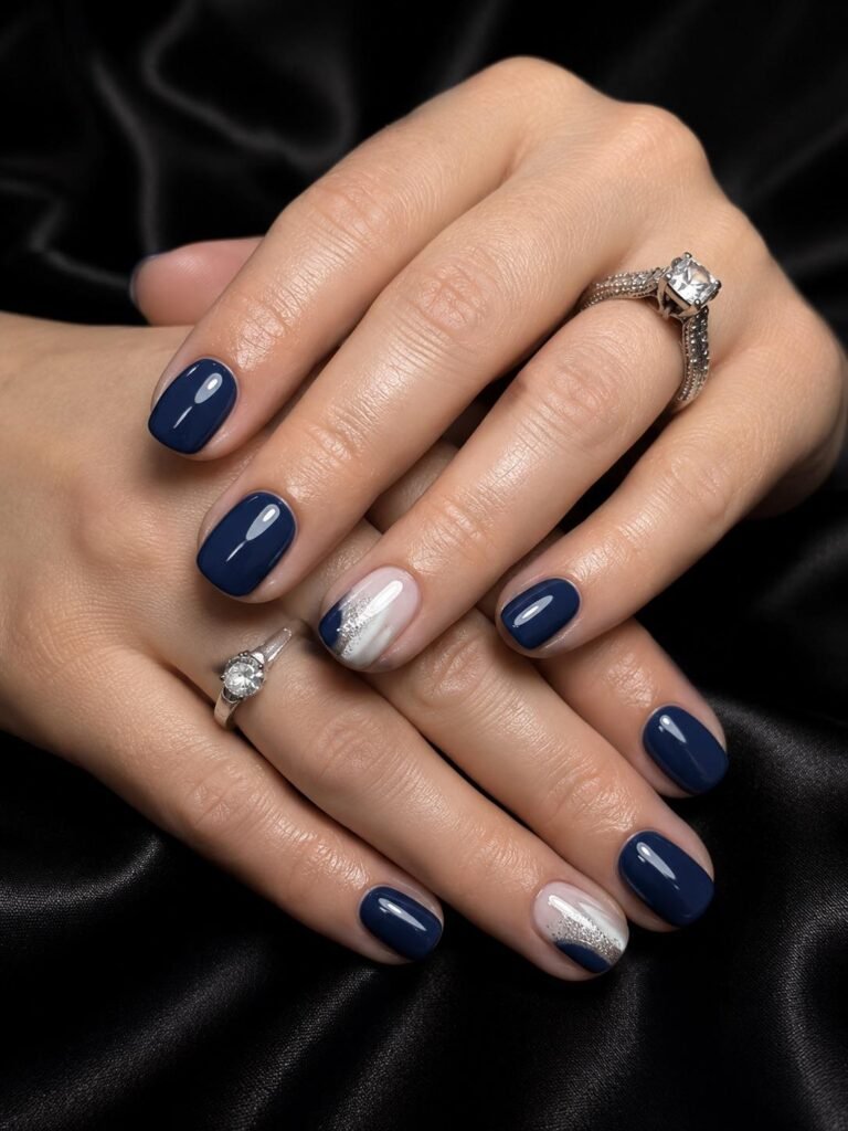 Gallery 16 Navy blue and silver nail design on black satin background at Darya’s Touch Manchester