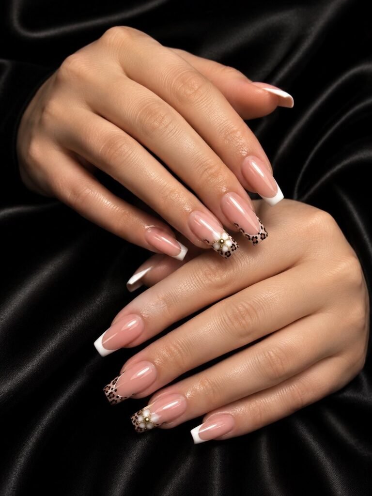 Gallery 15 Nude nails with glitter accent nail design on black satin at Darya’s Touch Manchester