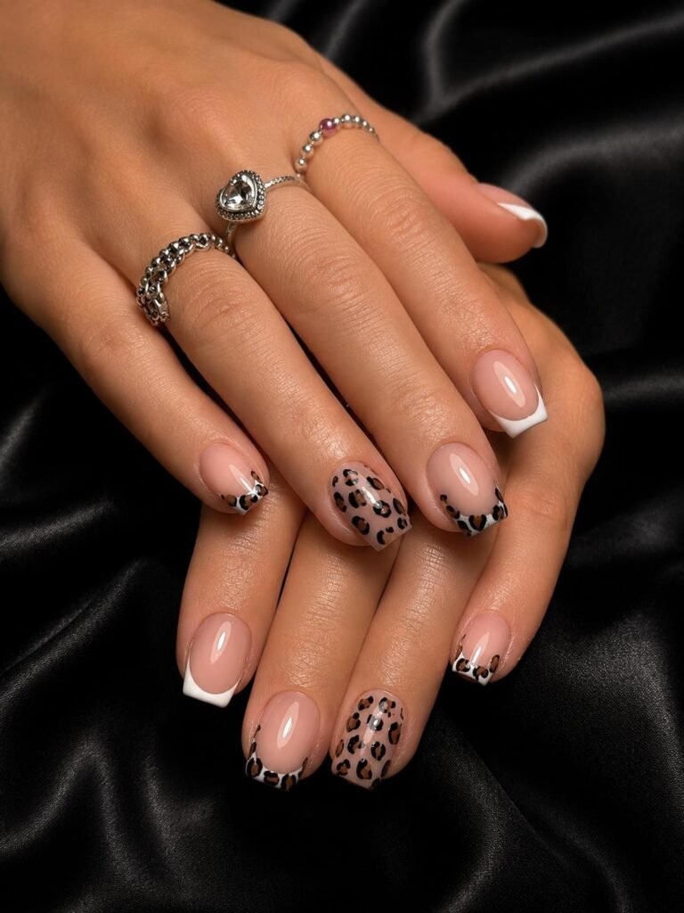 Gallery 18 Nude nails with leopard print nail art on black satin at Darya’s Touch Manchester