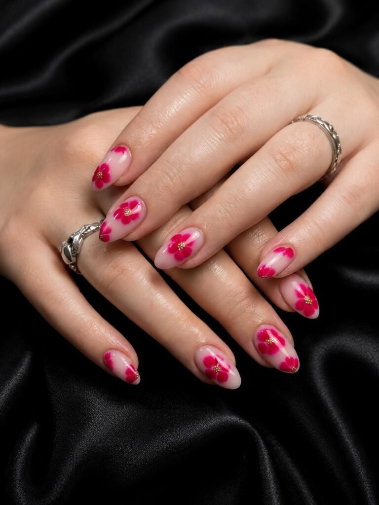 Gallery 17 Pink floral nail art with glossy manicure finish at Darya’s Touch Manchester