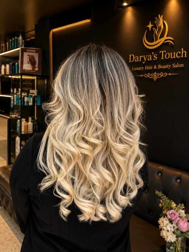 Home 10 Blonde curly hair styling at Darya’s Touch salon in Manchester