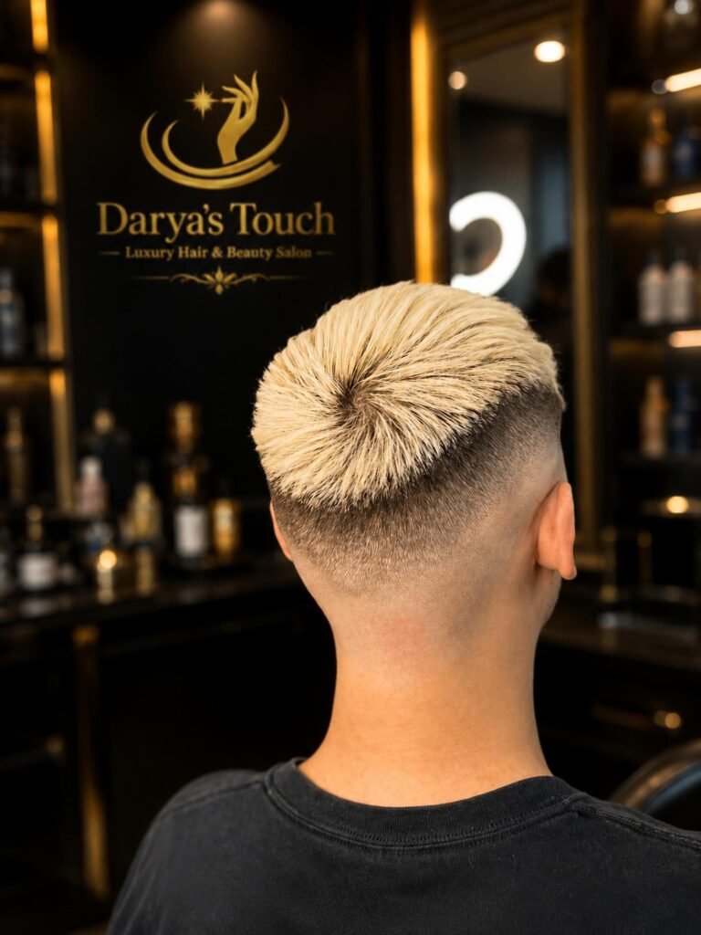 Home 21 Blonde fade haircut at Darya’s Touch barber salon in Manchester