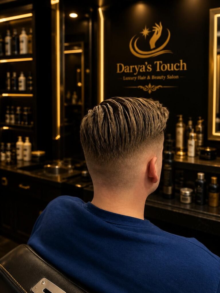 Home 24 Men’s fade haircut back view at Darya’s Touch barber salon in Manchester