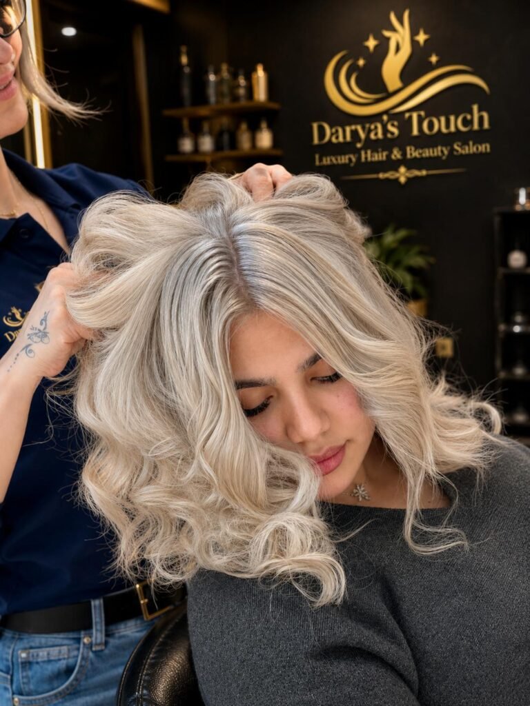 Home 12 Platinum blonde hair styling at Darya’s Touch beauty salon in Manchester