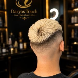 Blonde fade haircut at Darya’s Touch barber salon in Manchester