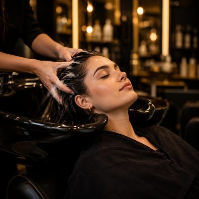 Relaxing hair wash treatment inside a luxury black and gold salon in Manchester